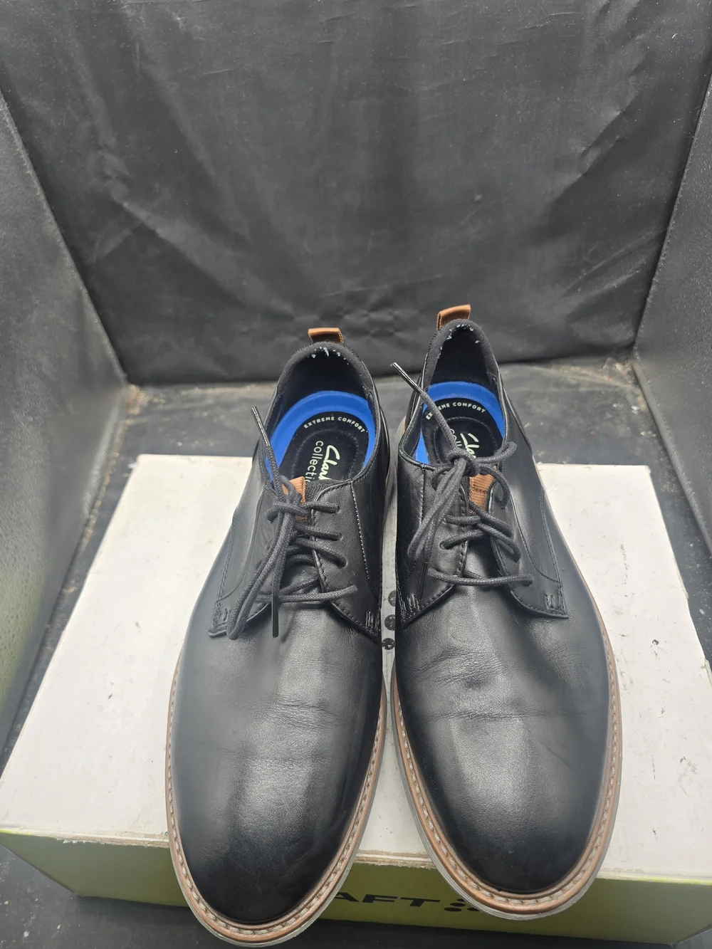 Clarks Black Leather Derby Shoes with Tan Trim